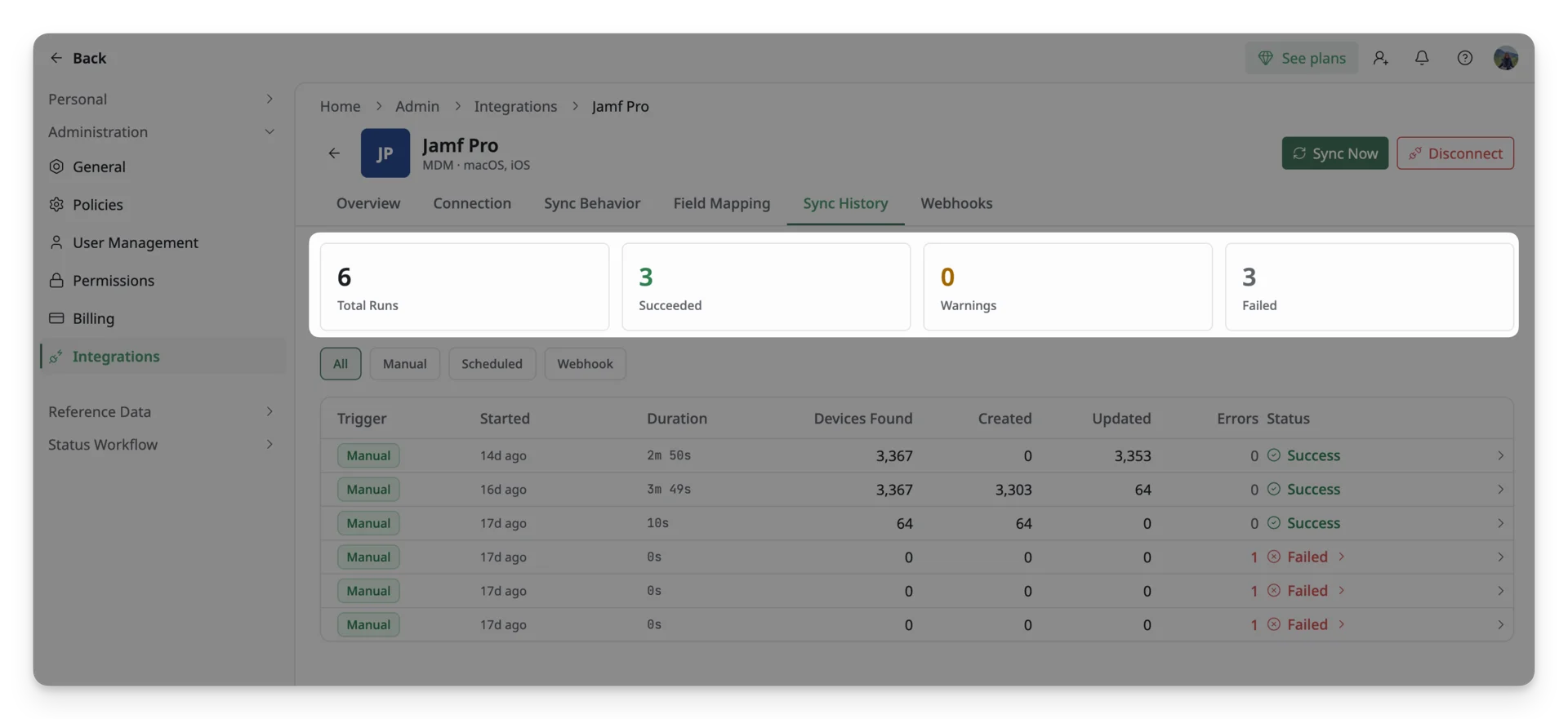 sync history overview