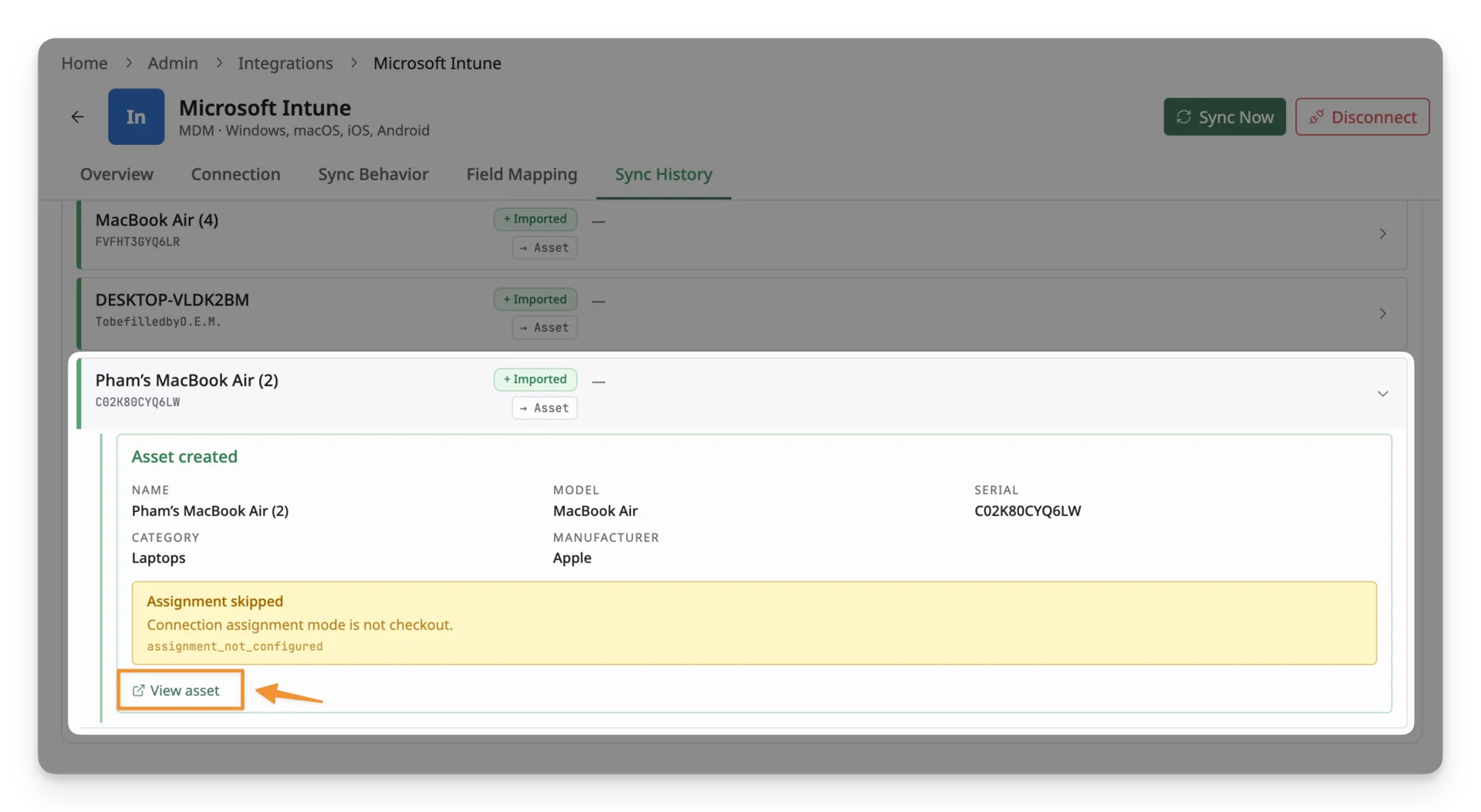 Click View Asset to navigate to the profile of the synced device
