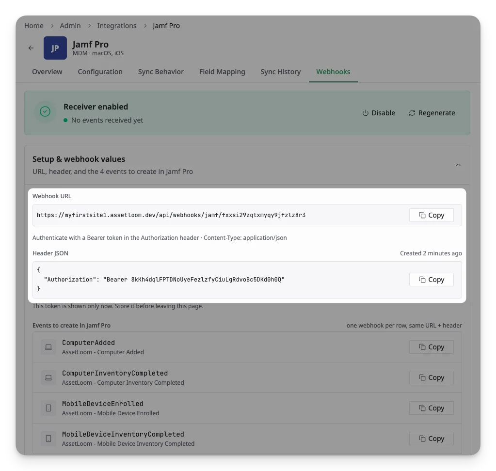 Copy the Webhook URL and Header JSON in AssetLoom after generating the token to the required fields in the Jamf Webhook Creation form